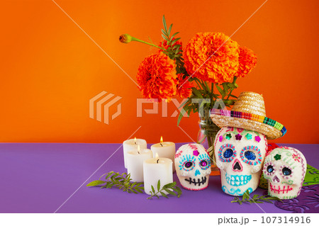 Day of the dead. Dia De Los Muertos celebration background. Sugar Skull, marigolds or cempasuchil flowers. Day of the dead. Dia De Los Muertos celebration background. Sugar Skull, marigolds or cempasuchil flowers. 107314916