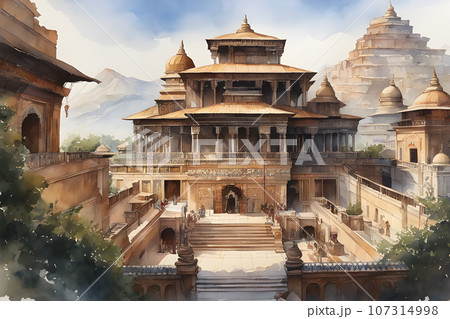 paint like illustration of Asian ancient town lakeside landscape , 107314998
