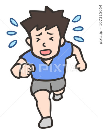 汗をかきながら苦しんで走っている男性、正面 汗をかきながら苦しんで走っている男性、正面 107315054