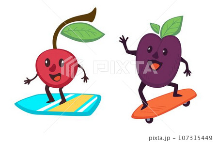 Sportive and active fruit characters on skateboard 107315449