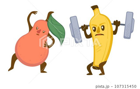 Cute sportive fruits, banana and pear working out 107315450