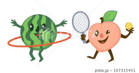 Sportive fruits character, watermelon and peach 107315451