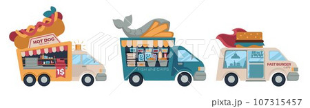 Fast burger and hot dog, street food trucks vector 107315457