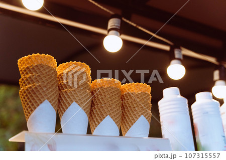 Waffle cones for ice cream. Street food 107315557