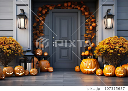 House entrance with halloween pumpkin decoration. Minimal modern autumn staircase decor 107315687