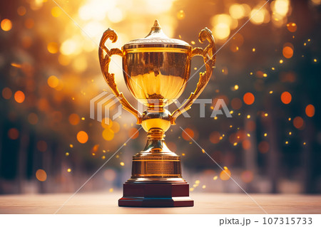 Champion golden winners trophy cup on a shining bokeh background 107315733