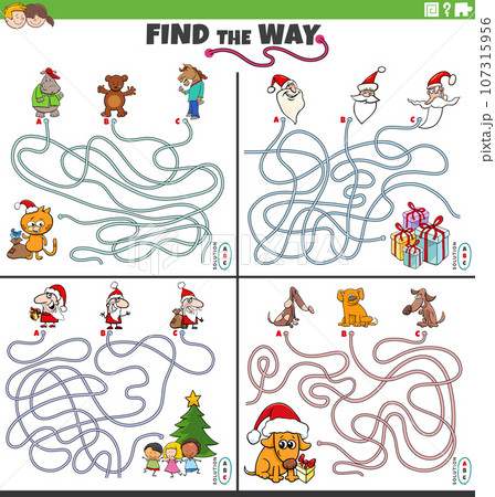 find the way maze games set with Christmas characters 107315956