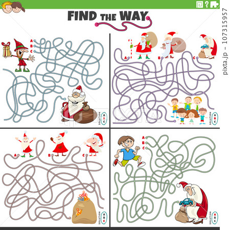 maze activities set with Santa Claus on Christmas time maze activities set with Santa Claus on Christmas time 107315957