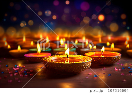 Lit diva lamp on street at night. Happy Diwali festival with oil lamp. Diwali holiday background with rangoli, Diwali celebration greeting card Concept. Generative Ai. 107316694