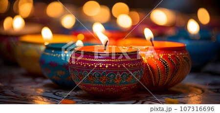 Lit diva lamp on street at night. Happy Diwali festival with oil lamp. Diwali holiday background with rangoli, Diwali celebration greeting card Concept. Generative Ai. 107316696