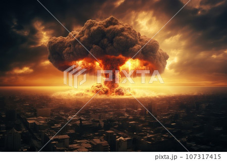 Nuclear war threat concept. Explosion of nuclear bomb in the city. Nuclear war threat concept. Explosion of nuclear bomb in the city. 107317415