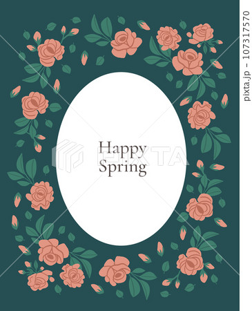 Beautiful frame with roses and placeholder text with green background. Pink roses frame for invitation, greeting card. Spring floral frame. Vector illustration 107317570