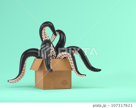 Black tentacles in a cardboard box on blue background. 107317621