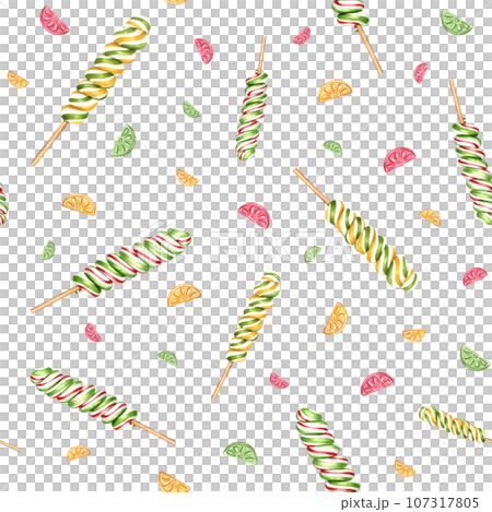 Seamless pattern of spiral lollipops, fruit candies. Bonbons, striped swirls, sugar caramel on stick. Watercolor illustration. Delicious ornament for textiles, stationery, scrapbook 107317805