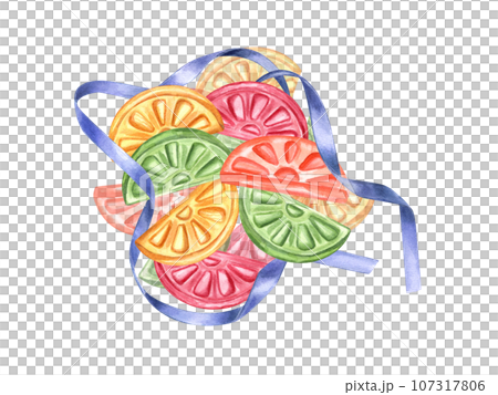 Multicolored caramel in the form of fruit slices. Bonbons decorated with shiny blue ribbon. Candy, lollipops, sugar. Watercolor illustration. For candy shop, store, postcard 107317806