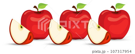 One red apple with a half cut apart and with one cut part of red fruity apple on isolated white background, healthy fruit concept, and Set of apples fruit illustration 107317954
