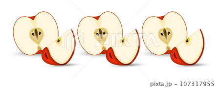 One red apple with a half cut apart and with one cut part of red fruity apple on isolated white background, healthy fruit concept, and Set of apples fruit illustration 107317955