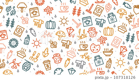 Autumn seamless pattern. Autumn background. Collection autumn icons. Leaves, mushroom, acorn, berries. Vector illustration Autumn seamless pattern. Autumn background. Collection autumn icons. Leaves, mushroom, acorn, berries. Vector illustration 107318126