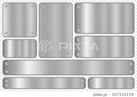 Brushed steel sign frame with metal screws. Realistic metal brushed plate. Metal plates. Steel signs. Vector illustration 107318159