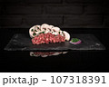 Minced meat and mushrooms, pork beef farce, dark background 107318391