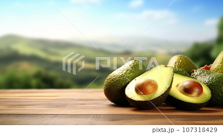 Fresh avocado on wooden table with blurred nature landscape background. Generative AI 107318429