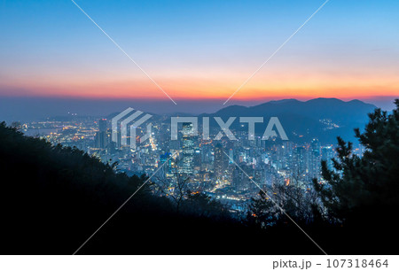 cenic view of Pusan city skyline in the mountains at night cenic view of Pusan city skyline in the mountains at night 107318464