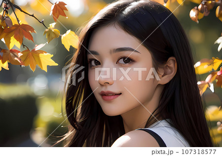 【AI画像】紅葉（もみじ）を背景に振り返って微笑む女性 107318577
