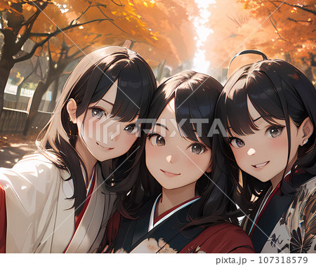 【AIイラスト】アニメキャラ。紅葉（もみじ）をバックに笑顔で自撮りする3人の少女 107318579