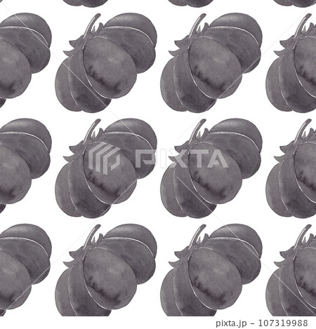 Black giant pumpkin. Cartoon vegetable in watercolor. Halloween seamless pattern 107319988