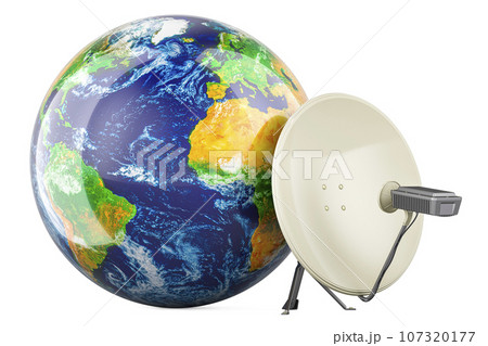Earth Globe with satellite dish and satellite modem. Global Satellite Internet access concept. 3D rendering 107320177