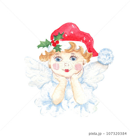 Cute Christmas angel with red hat and holly branch. Vintage stile. Good for cards, prints, decoration. Cute Christmas angel with red hat and holly branch. Vintage stile. Good for cards, prints, decoration. 107320384