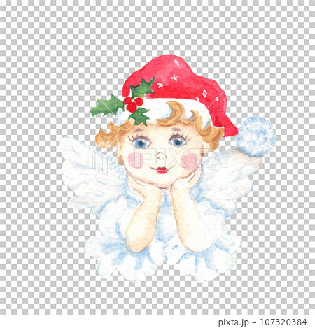 Cute Christmas angel with red hat and holly branch. Vintage stile. Good for cards, prints, decoration. Cute Christmas angel with red hat and holly branch. Vintage stile. Good for cards, prints, decoration. 107320384