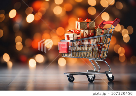 Shopping cart with gift boxes Shopping cart with gift boxes 107320456