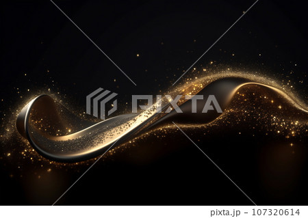 Abstract luxury shiny golden wave design element on black background. The golden color of a transparent smoky wave 107320614