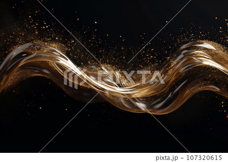 Abstract luxury shiny golden wave design element on black background. The golden color of a transparent smoky wave Abstract luxury shiny golden wave design element on black background. The golden color of a transparent smoky wave 107320615