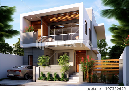 Modern cube house in summer with blue sky 107320696