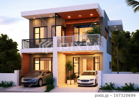 Modern cube house in summer with blue sky Modern cube house in summer with blue sky 107320699