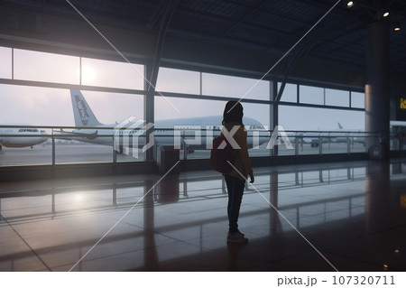 Young woman at the airport window looking to the planes Young woman at the airport window looking to the planes 107320711