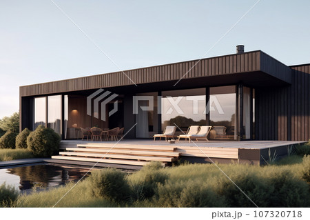 Big family modern house with pond. Image of a residential house 107320718