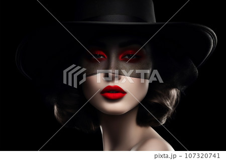 Beautiful woman in a black broad-brim hat with red lips Beautiful woman in a black broad-brim hat with red lips 107320741