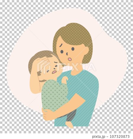 イラスト素材：熱のある幼児を抱く母親 107320873