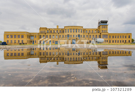 Overcast exteropr view of the Aviation Museum with reflection Overcast exteropr view of the Aviation Museum with reflection 107321289