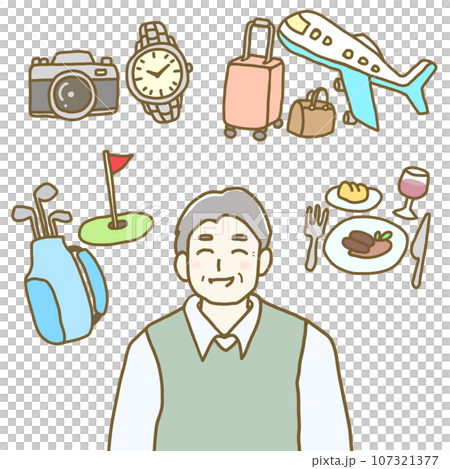 Illustration material: Smiling senior man and his hobbies in retirement 107321377