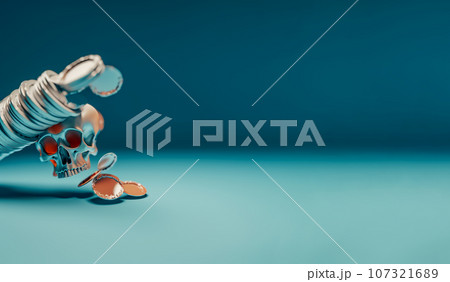 Pile of falling casino chips and skull on blue background, copy space, banner Pile of falling casino chips and skull on blue background, copy space, banner 107321689