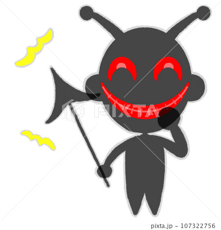 槍を持って企み笑う角の生えた黒い人物のイラストのイラスト 107322756