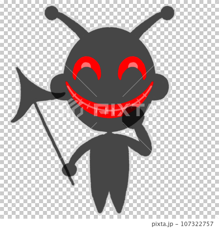 槍を持って企み笑う角の生えた黒い人物のシルエットのイラスト 107322757