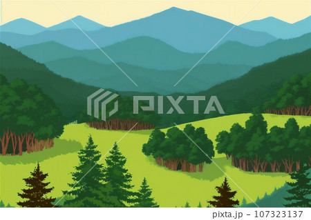 ハイキングの背景イラスト　木々や山並み　6 107323137