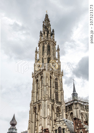 bottom view of the gothic Cathedral of Our Lady in Antwerp bottom view of the gothic Cathedral of Our Lady in Antwerp 107323173