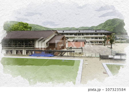 水彩画風　高梁市立成羽小学校　岡山県高梁市 107323584
