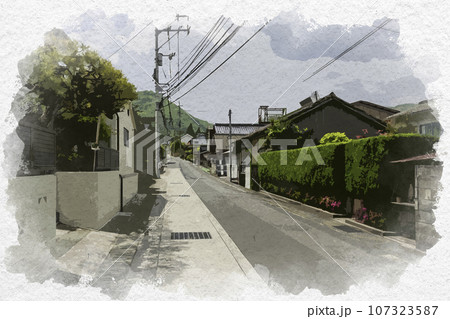 水彩画風　成羽の街並み　岡山県高梁市 107323587